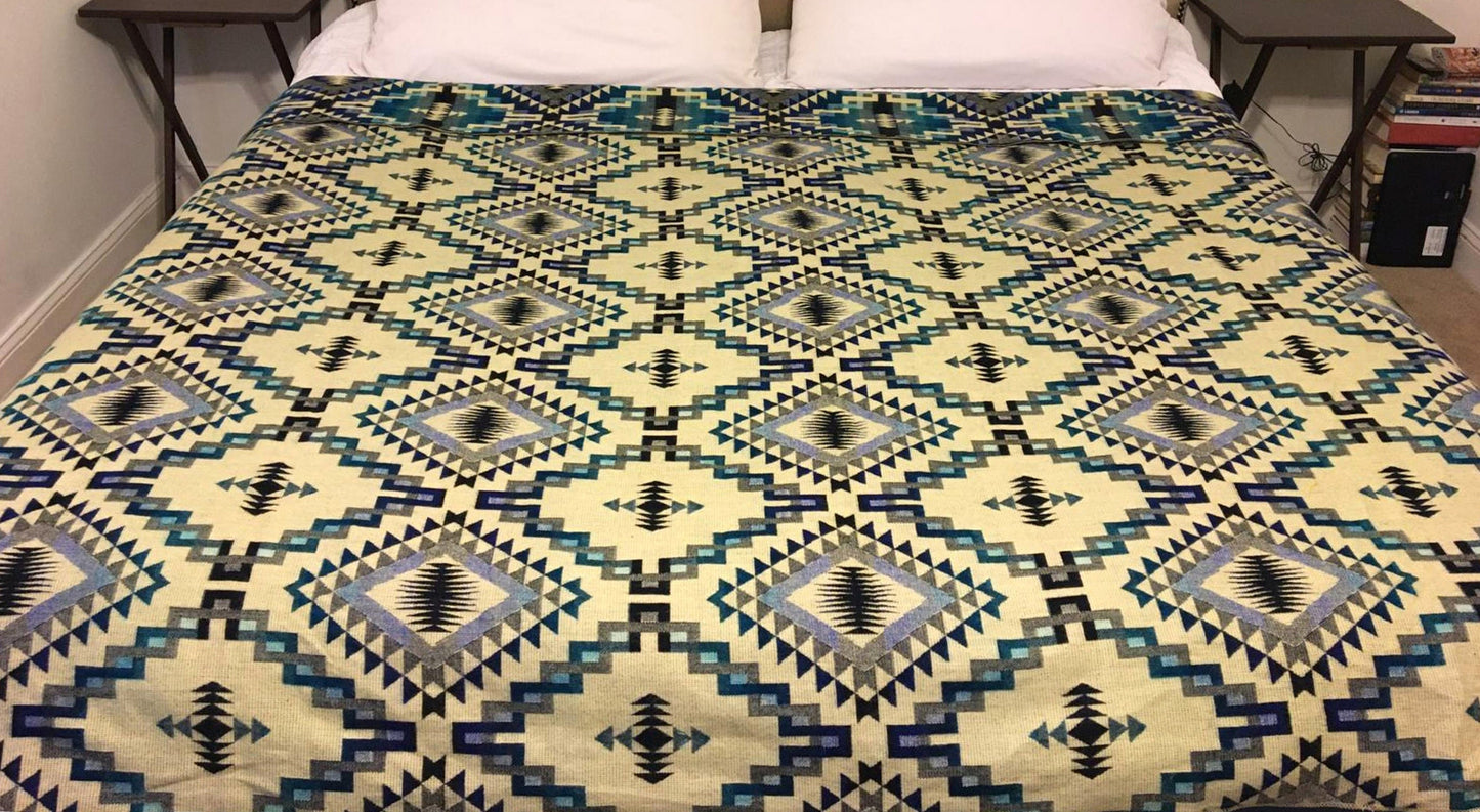 Blanket Alpaca Ayahuasca Blue Owl Handmade Boho Soft Queen Vintage Tribal Reversible Design
