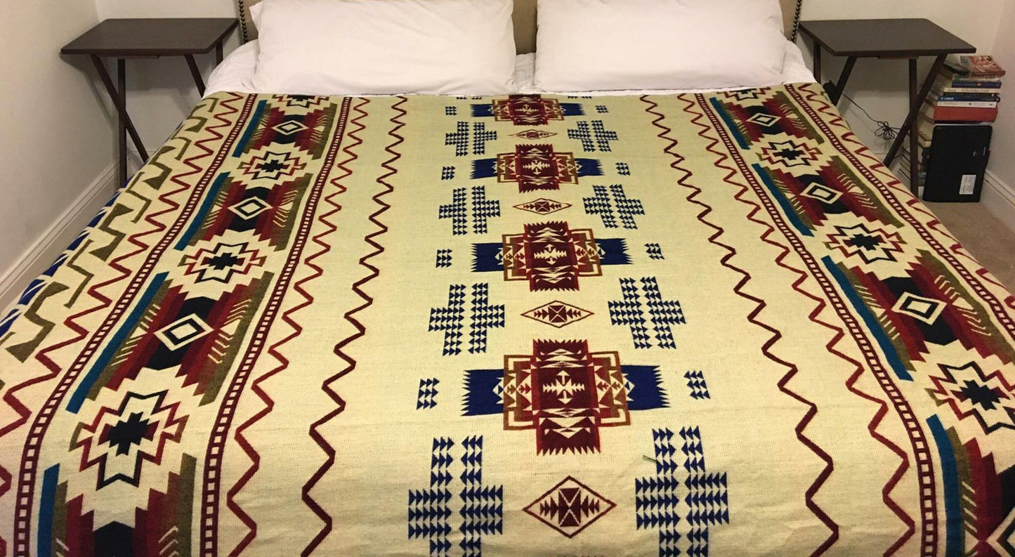 Alpaca Blanket Inti Blue - Genuine Handmade boho Soft Queen blanket tribal vintage reversible design