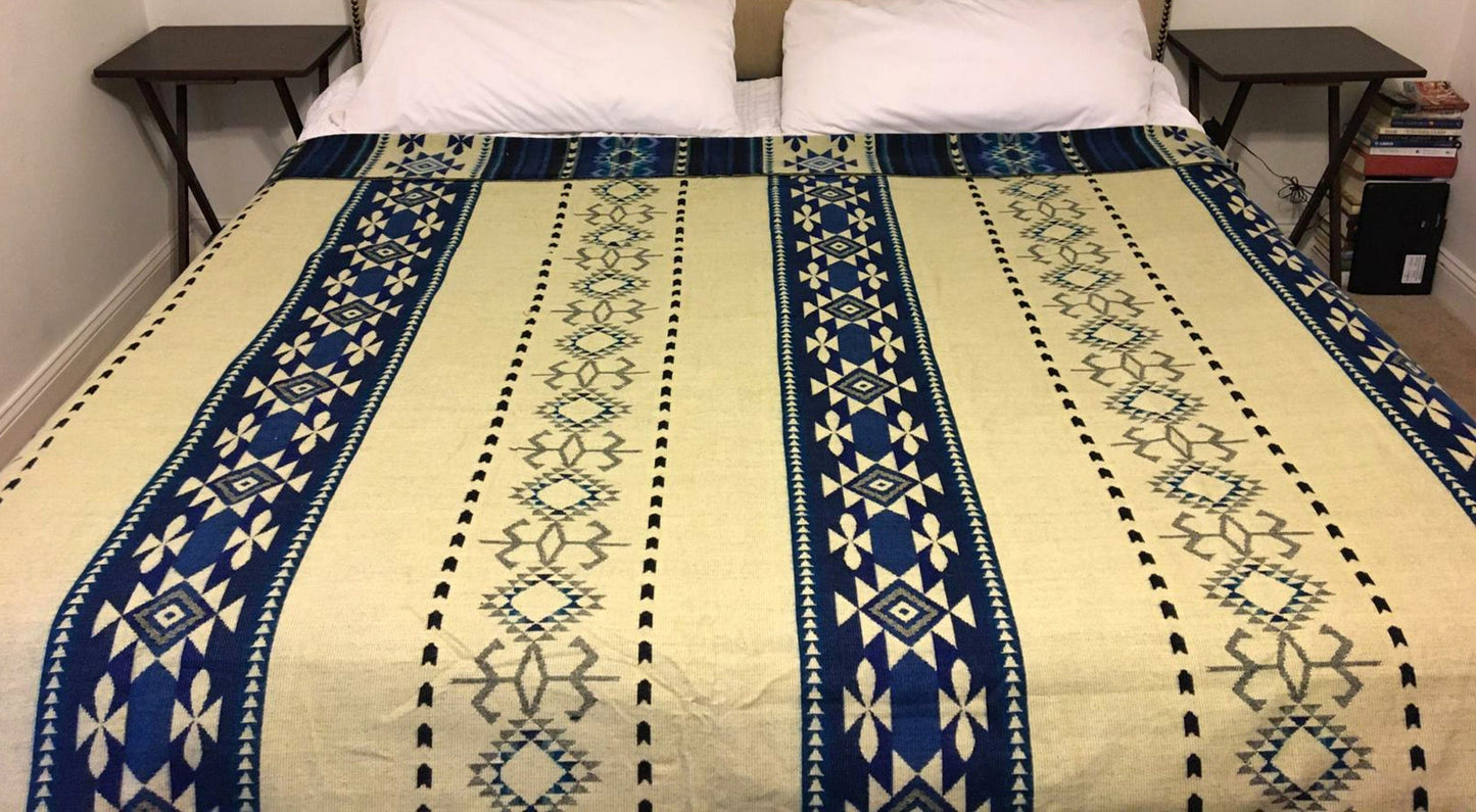 Alpaca Blanket Quechua Blue - Genuine Handmade boho Soft Queen blanket tribal vintage reversible design
