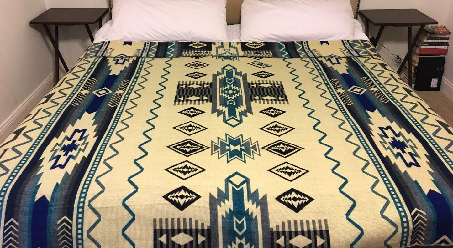 Blanket Alpaca Shuar Blue Handmade Boho Soft Queen Vintage Tribal Reversible Design