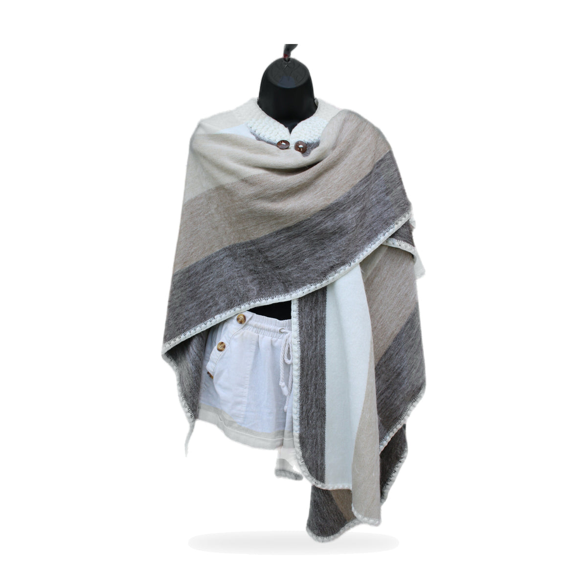 Light beige alpaca poncho cape, made by native artisans in Ecuador