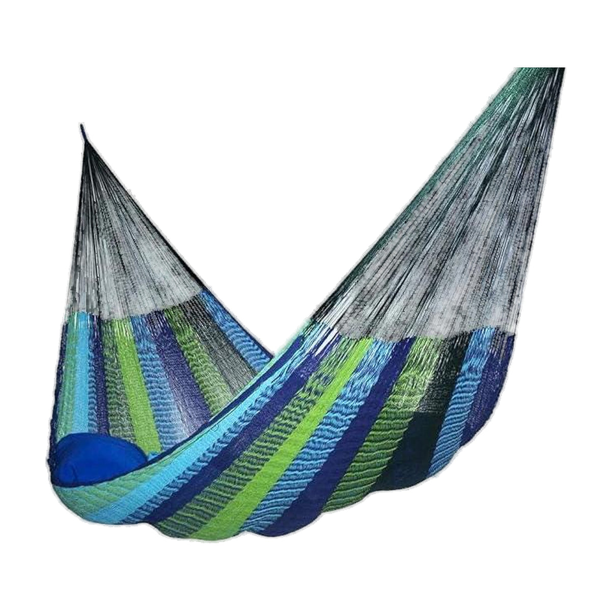 Green and blue handwoven Mayan hammock for 2, made in Yucatán, Mexico