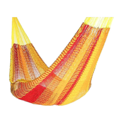Sun yellow and red handwoven Mayan hammock for 2, made in Yucatán, Mexico