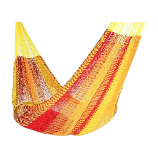 Sun yellow and red handwoven Mayan hammock for 2, made in Yucatán, Mexico