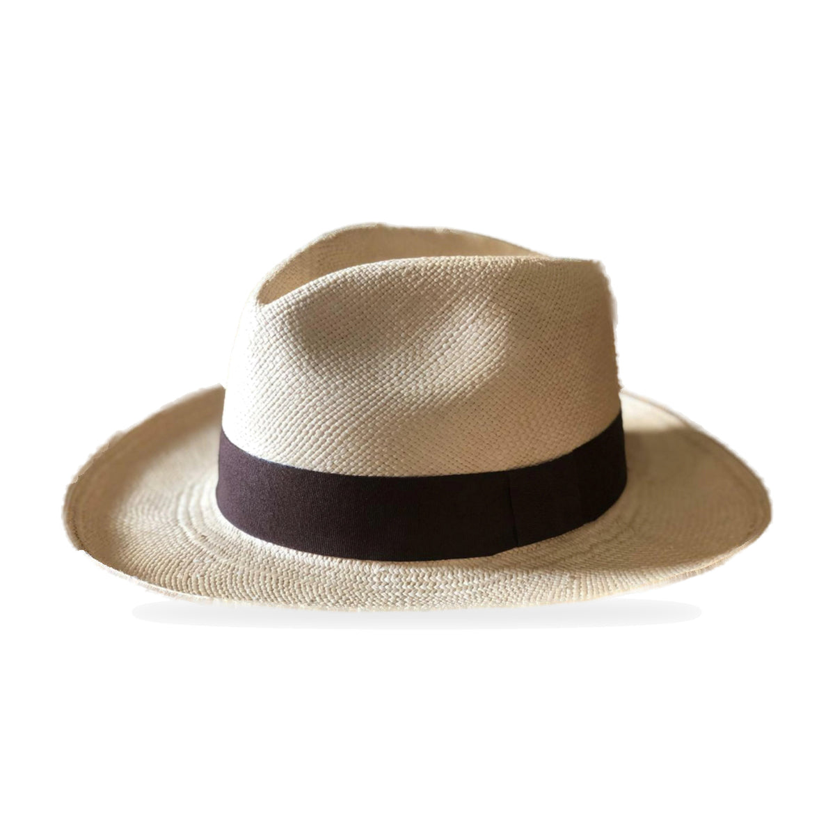 Natural toquilla straw Panama hat with black band, handwoven in Montecristi, Ecuador
