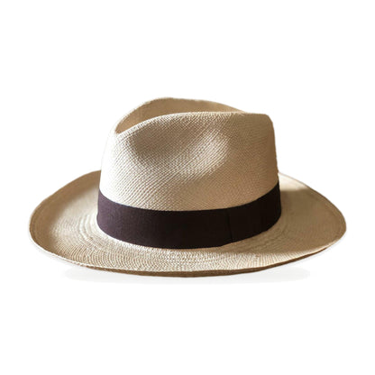Natural toquilla straw Panama hat with brown band, handwoven in Montecristi, Ecuador