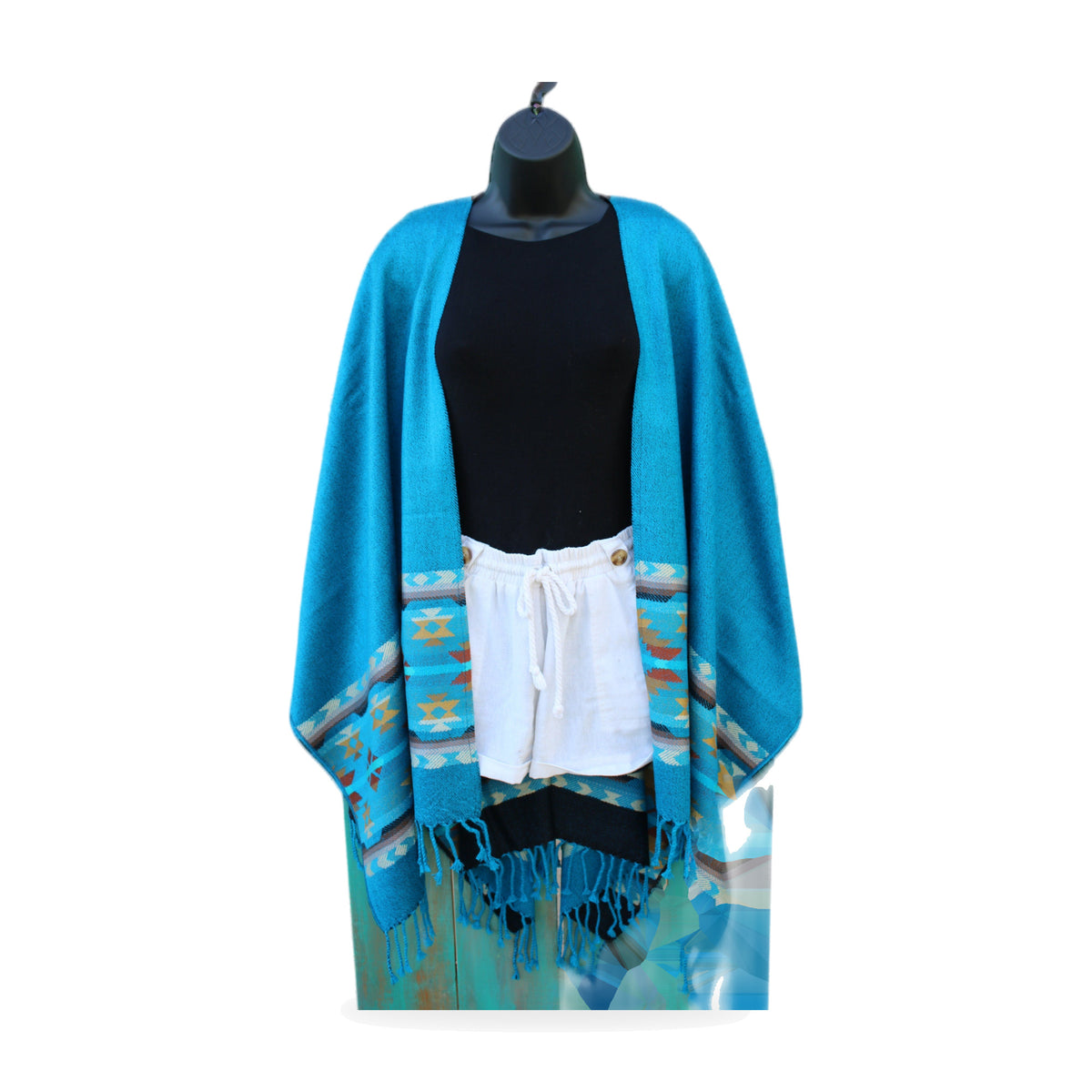 Turquoise print oversized shawl wrap, made by native artisans in Ecuador