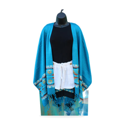 Turquoise print oversized shawl wrap, made by native artisans in Ecuador