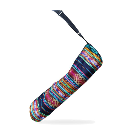 Navy woven yoga mat bag with crossbody strap, handmade in Otavalo, Ecuador