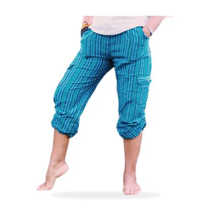 Light blue Inca pattern boho yoga pants with drawstring waist, made in Otavalo, Ecuador