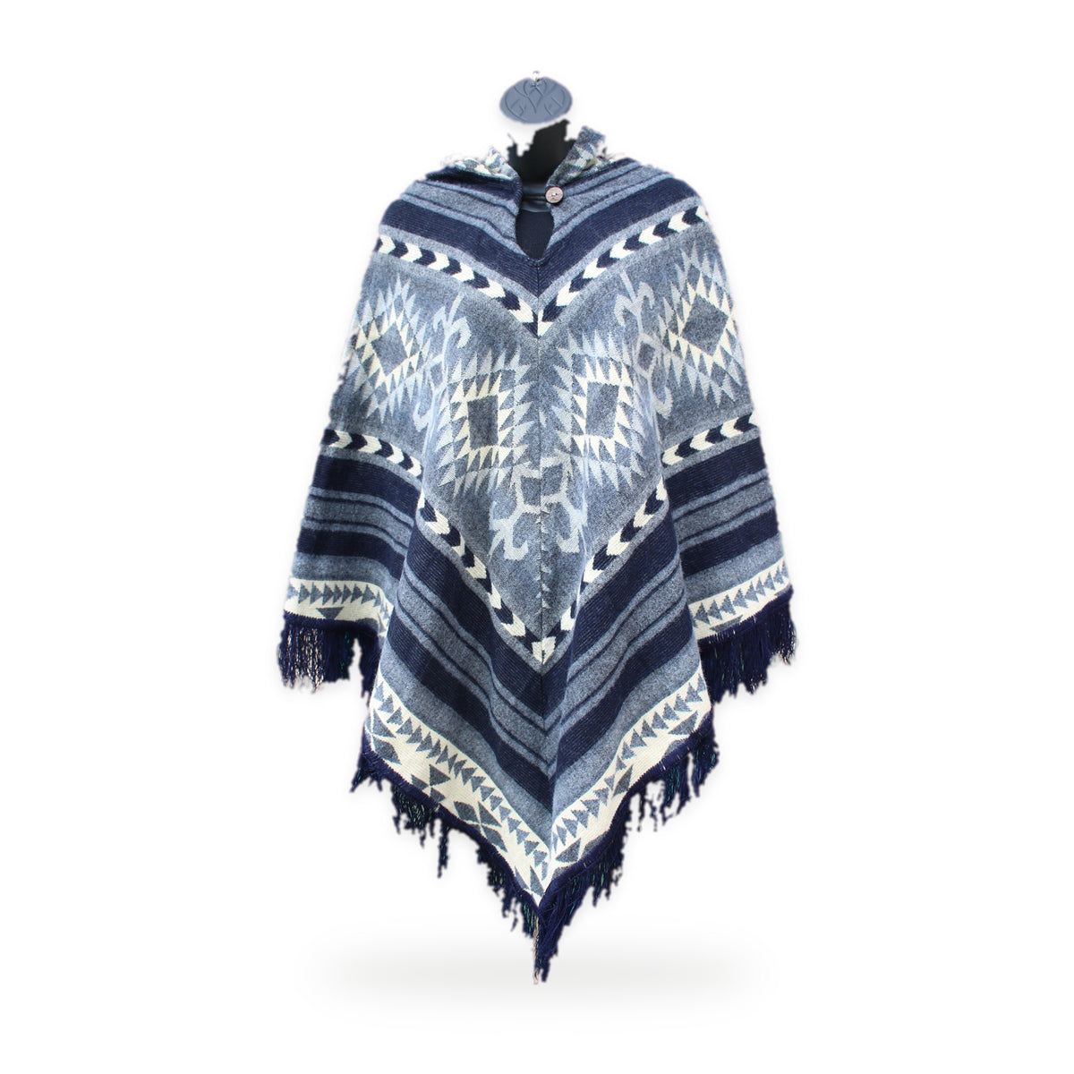 Blue and cream print hooded poncho, made by native artisans in Ecuador