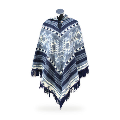 Blue and cream print hooded poncho, made by native artisans in Ecuador