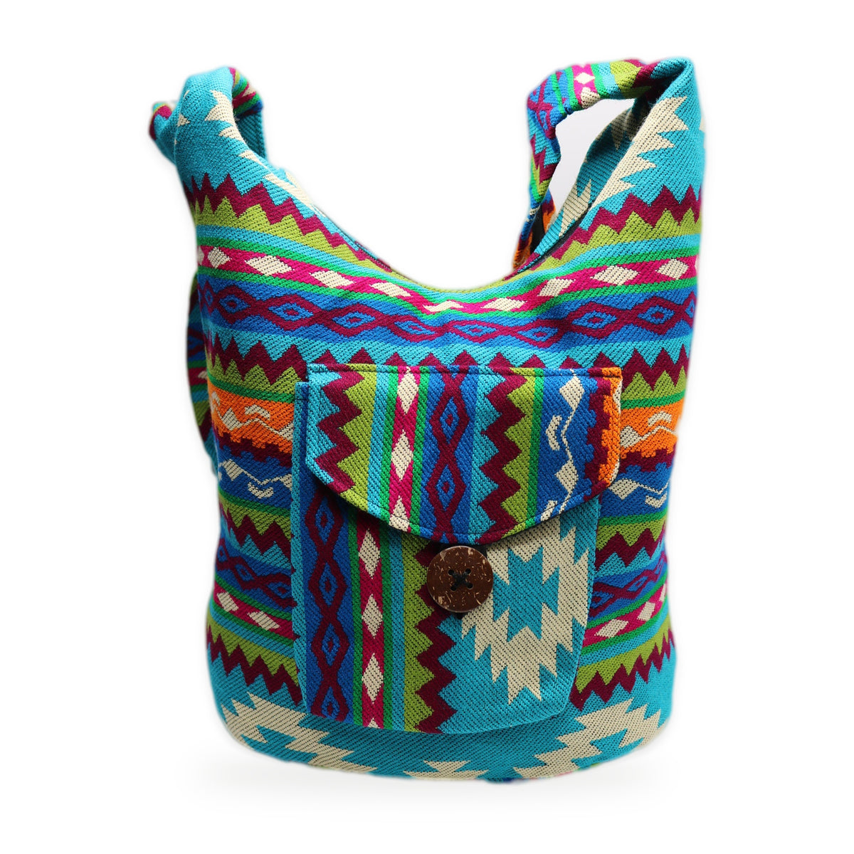 Blue summer woven boho crossbody bag with zipper, handmade in Otavalo, Ecuador