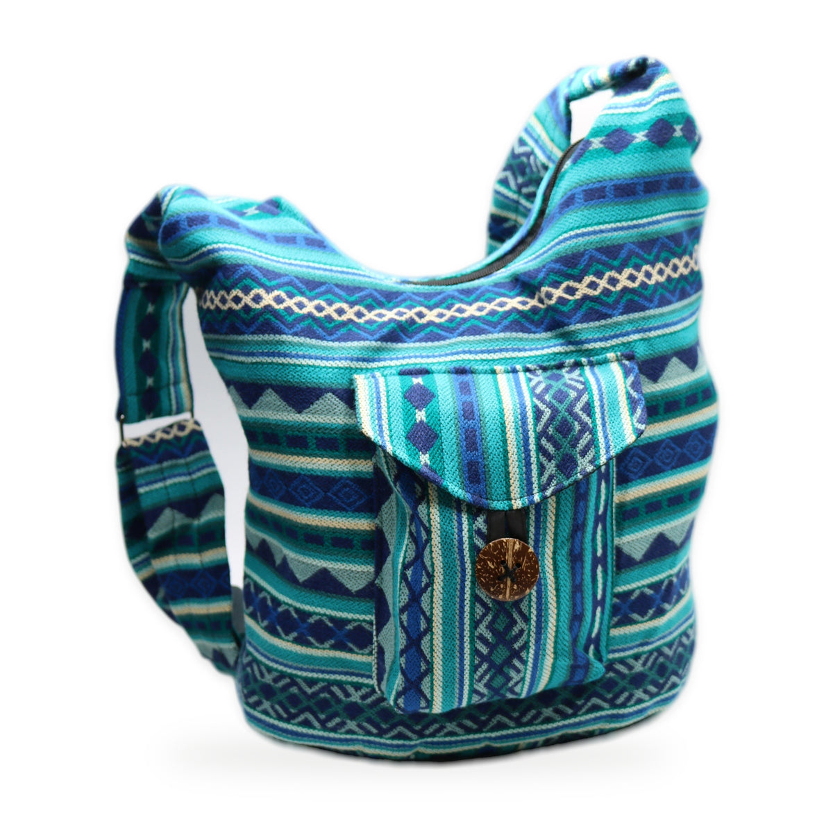 Blue woven boho crossbody bag with zipper, handmade in Otavalo, Ecuador