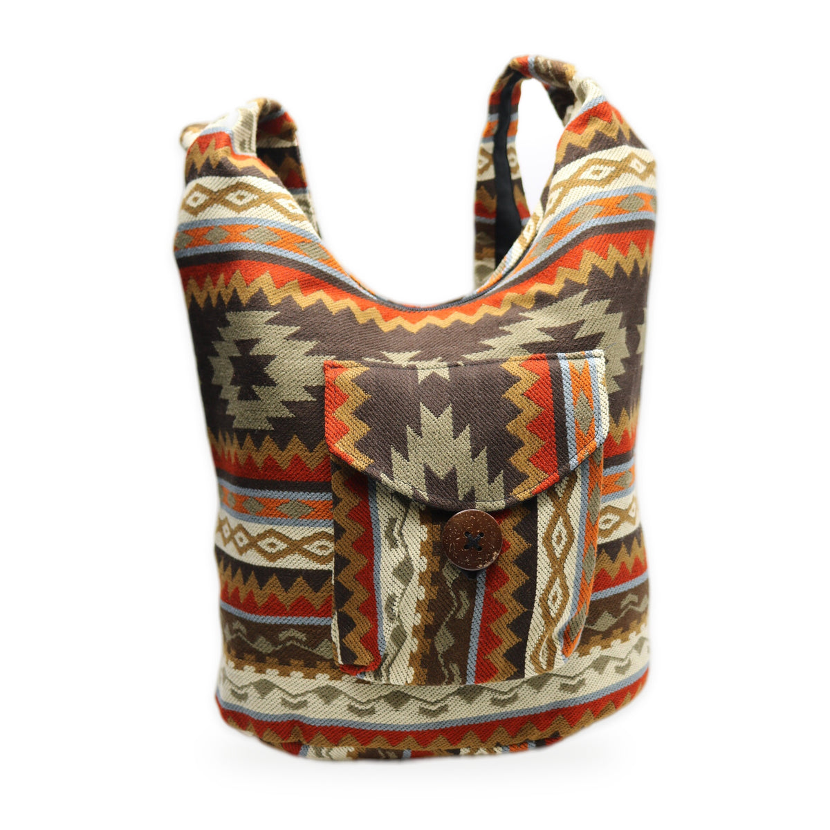 Brown woven boho crossbody bag with zipper, handmade in Otavalo, Ecuador