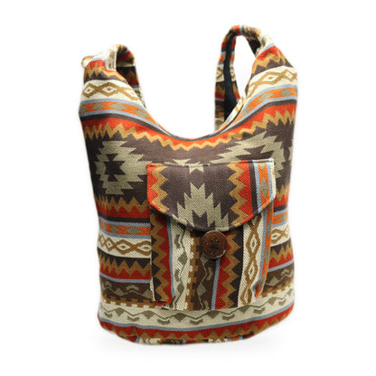 Brown woven boho crossbody bag with zipper, handmade in Otavalo, Ecuador