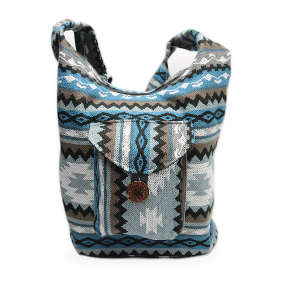 Grey and blue woven boho crossbody bag with zipper, handmade in Otavalo, Ecuador