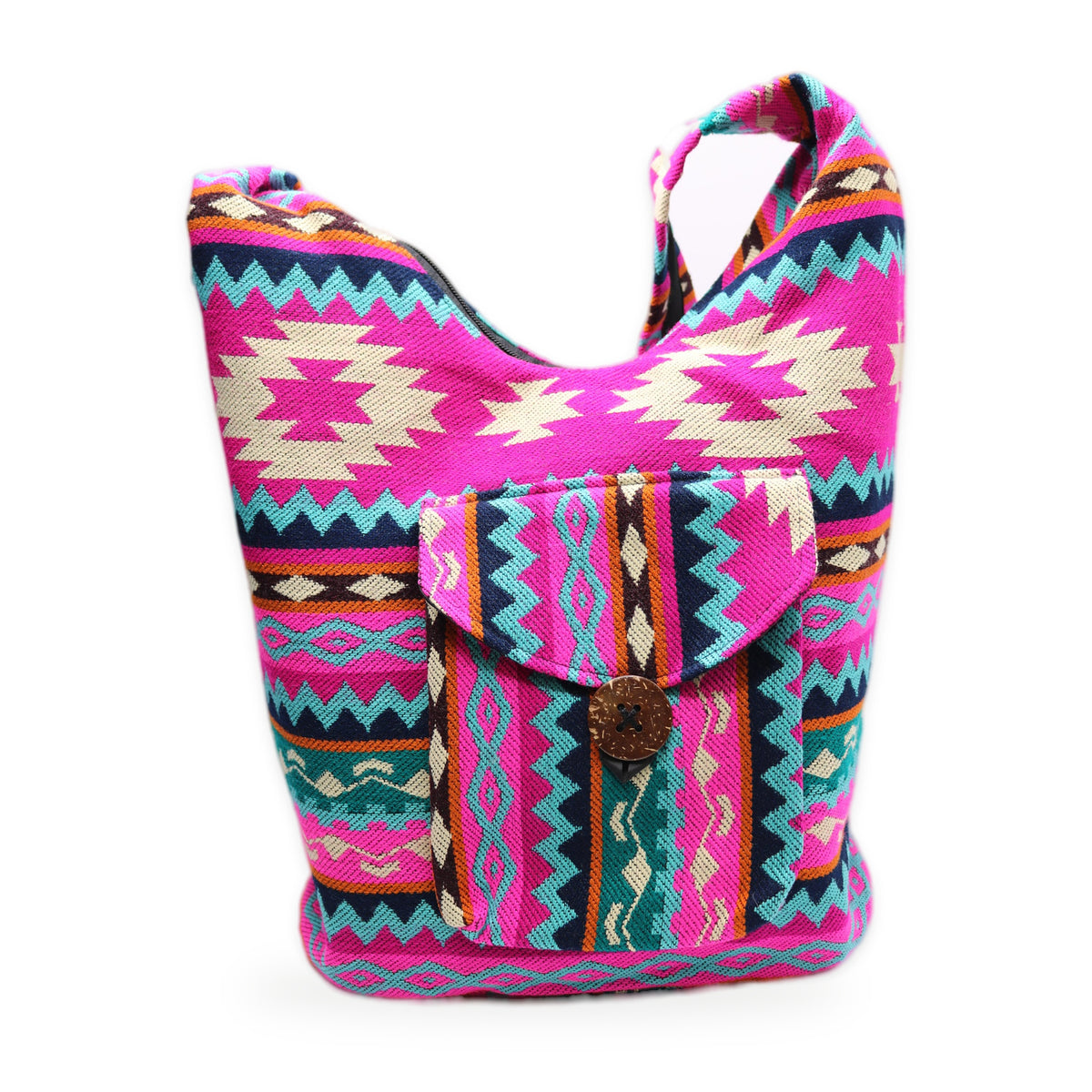 Pink woven boho crossbody bag with zipper, handmade in Otavalo, Ecuador