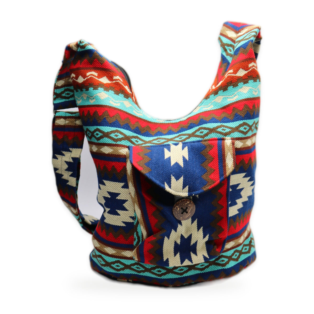 Red and blue woven boho crossbody bag with zipper, handmade in Otavalo, Ecuador