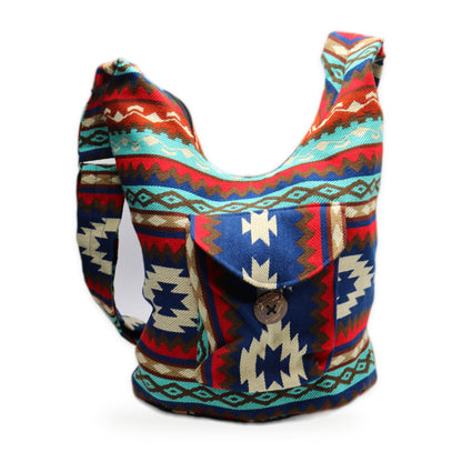 Red and blue woven boho crossbody bag with zipper, handmade in Otavalo, Ecuador