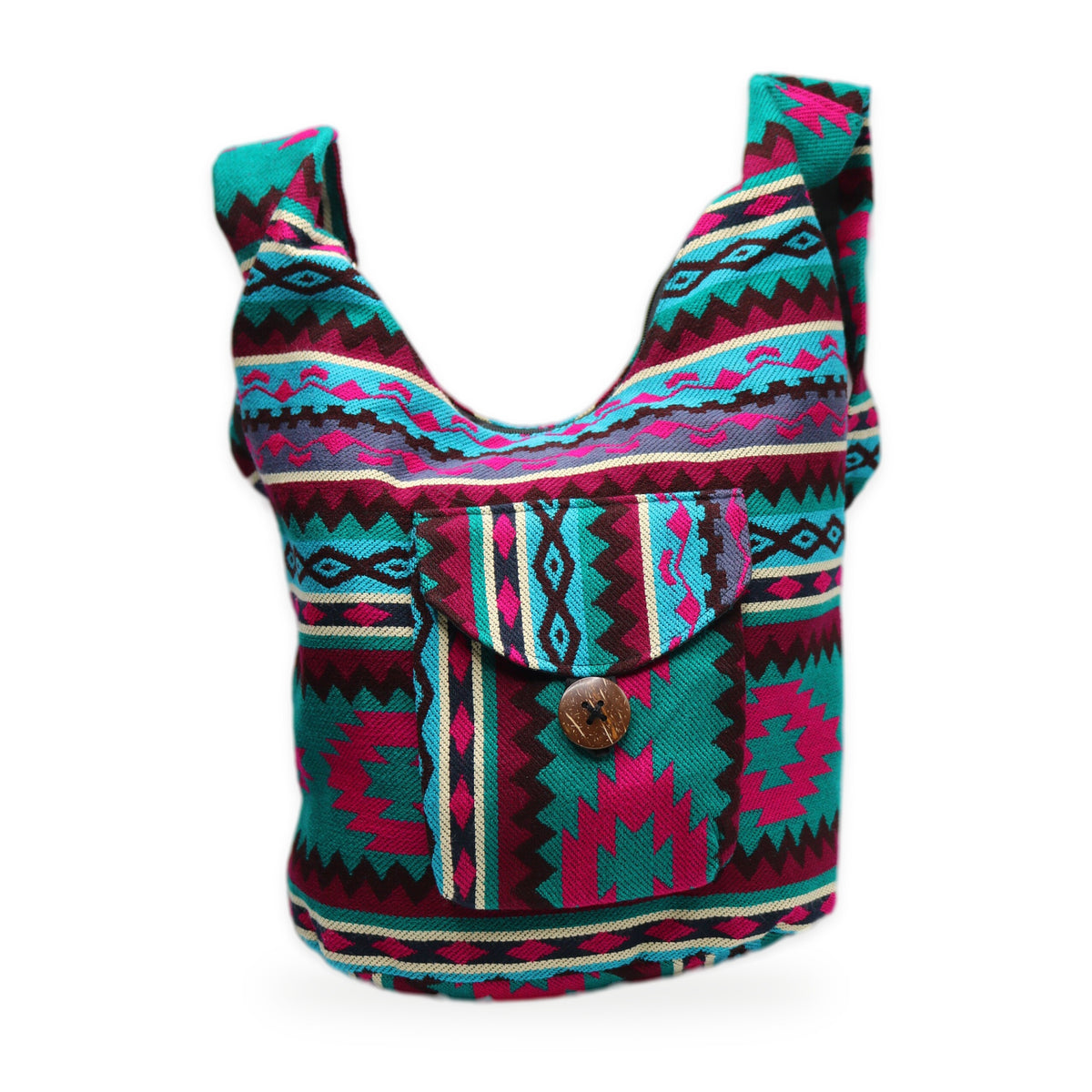 Teal and pink woven boho crossbody bag with zipper, handmade in Otavalo, Ecuador
