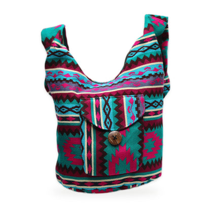 Teal and pink woven boho crossbody bag with zipper, handmade in Otavalo, Ecuador