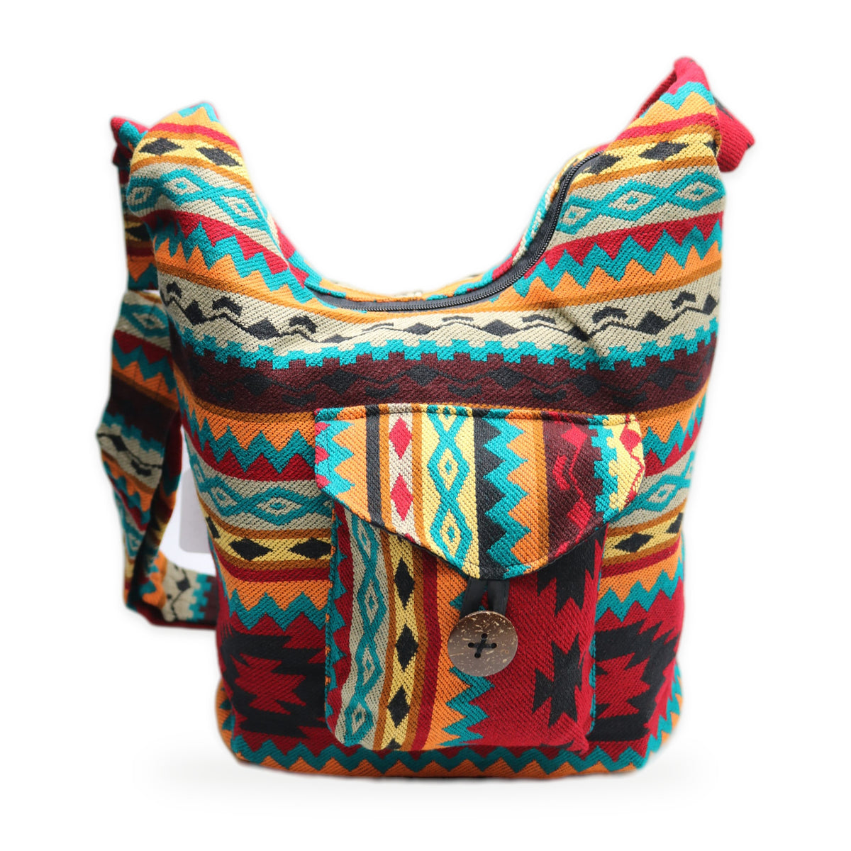 Terracotta woven boho crossbody bag with zipper, handmade in Otavalo, Ecuador