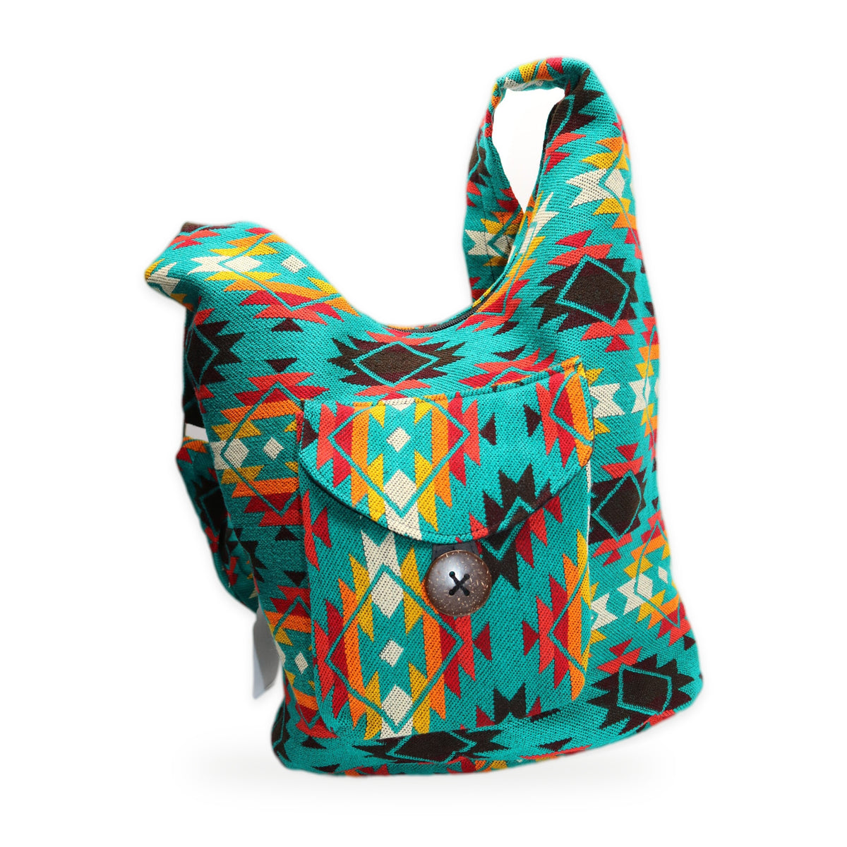 Turquoise woven boho crossbody bag with zipper, handmade in Otavalo, Ecuador