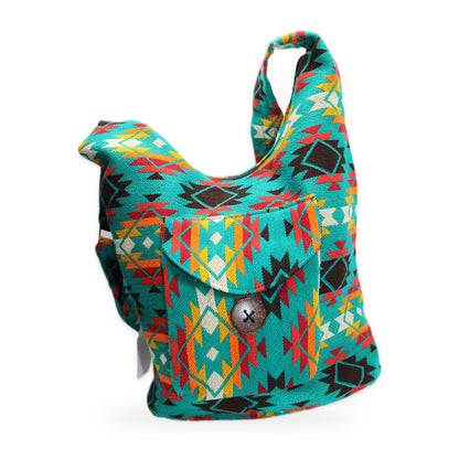 Turquoise woven boho crossbody bag with zipper, handmade in Otavalo, Ecuador