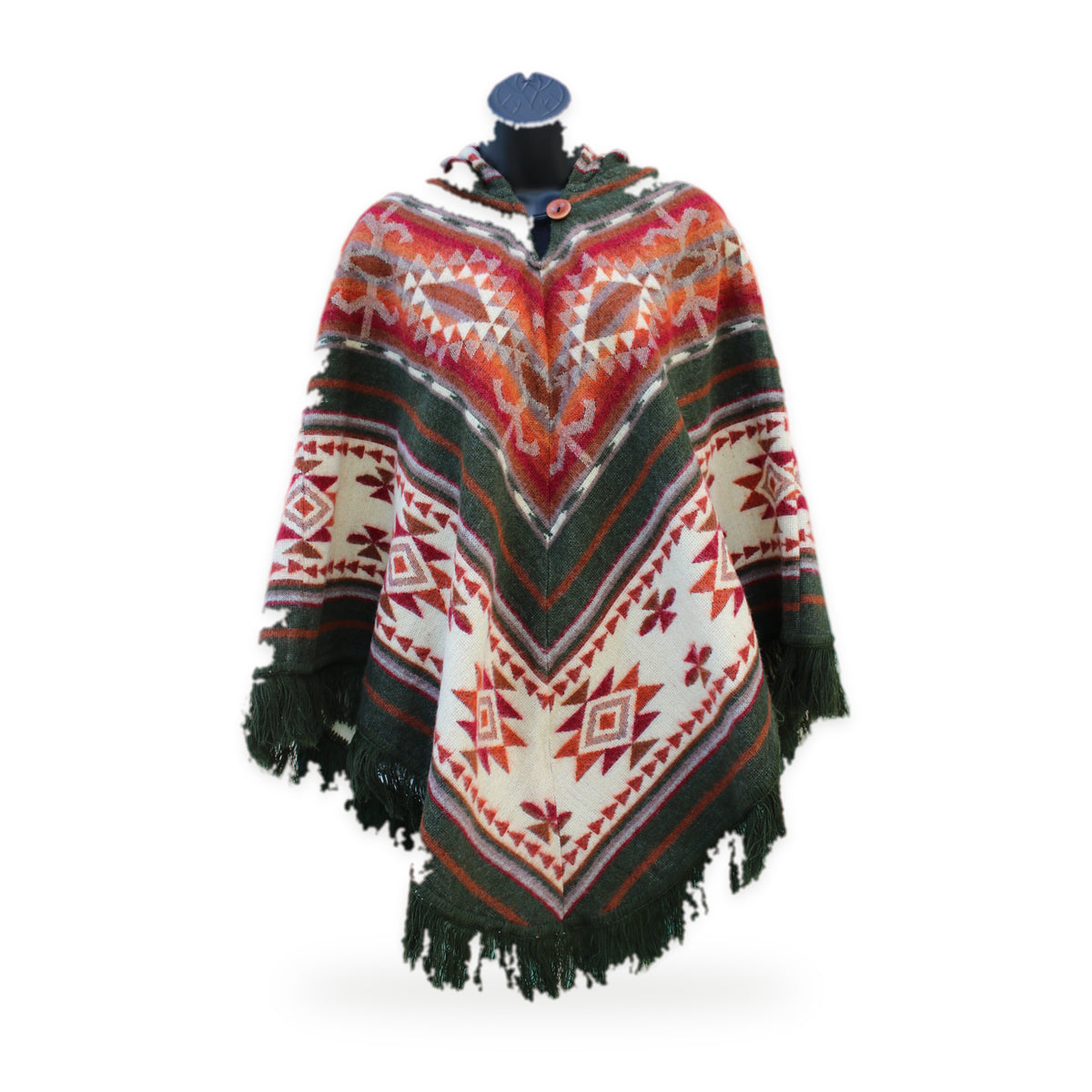 Brown print hooded poncho, made by native artisans in Ecuador