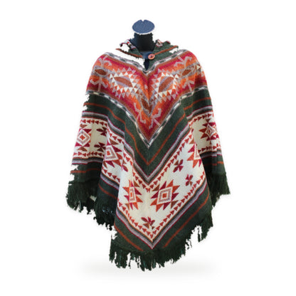 Brown print hooded poncho, made by native artisans in Ecuador
