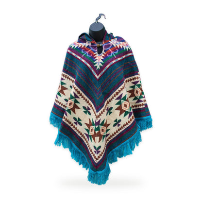 Colorful print hooded poncho, made by native artisans in Ecuador