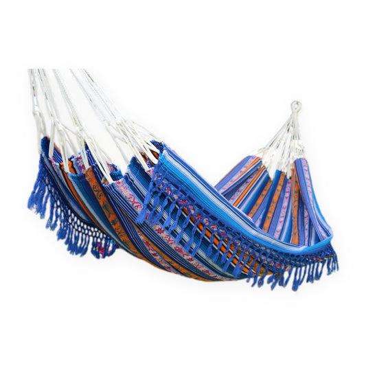 Blue Inca pattern double hammock, handmade in Otavalo, Ecuador