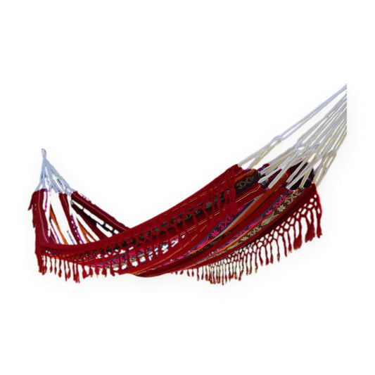 Burgundy Inca pattern double hammock, handmade in Otavalo, Ecuador