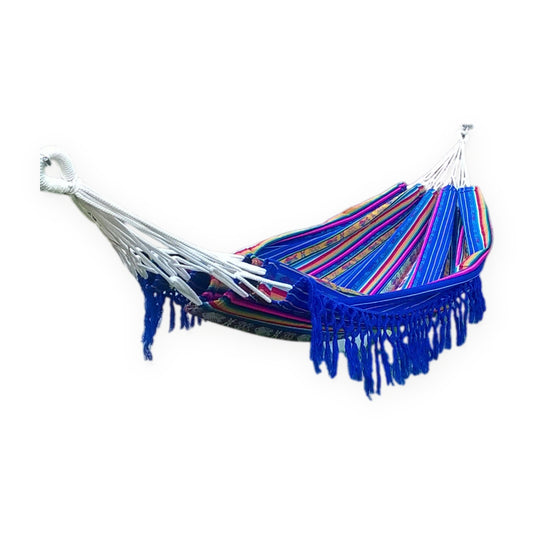 Dark blue Inca pattern double hammock, handmade in Otavalo, Ecuador