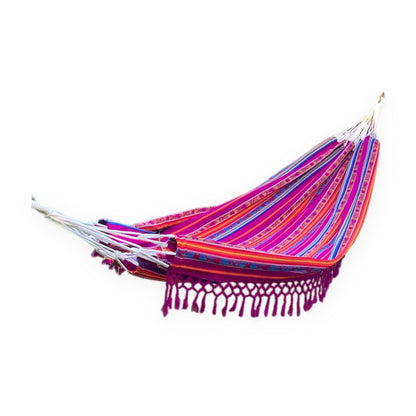 Fuchsia Inca pattern double hammock, handmade in Otavalo, Ecuador
