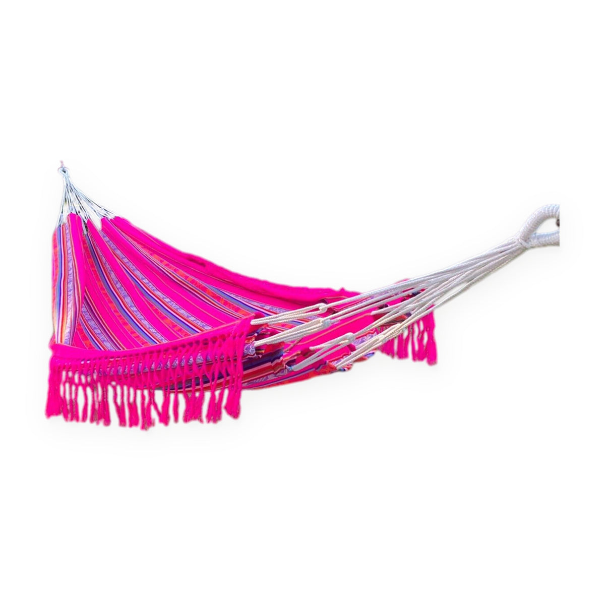 Hot pink Inca pattern double hammock, handmade in Otavalo, Ecuador