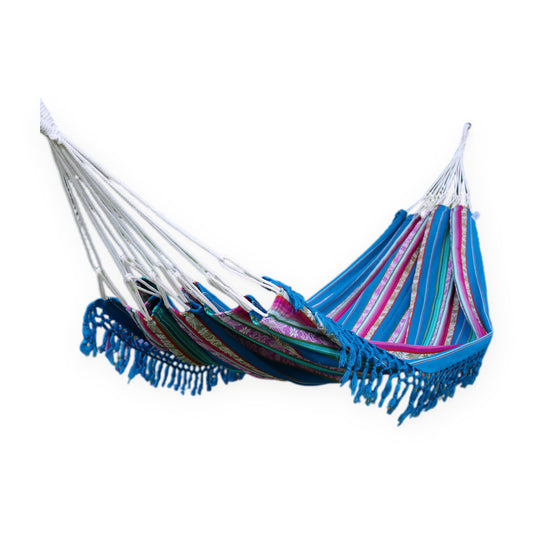 Light blue Inca pattern double hammock, handmade in Otavalo, Ecuador