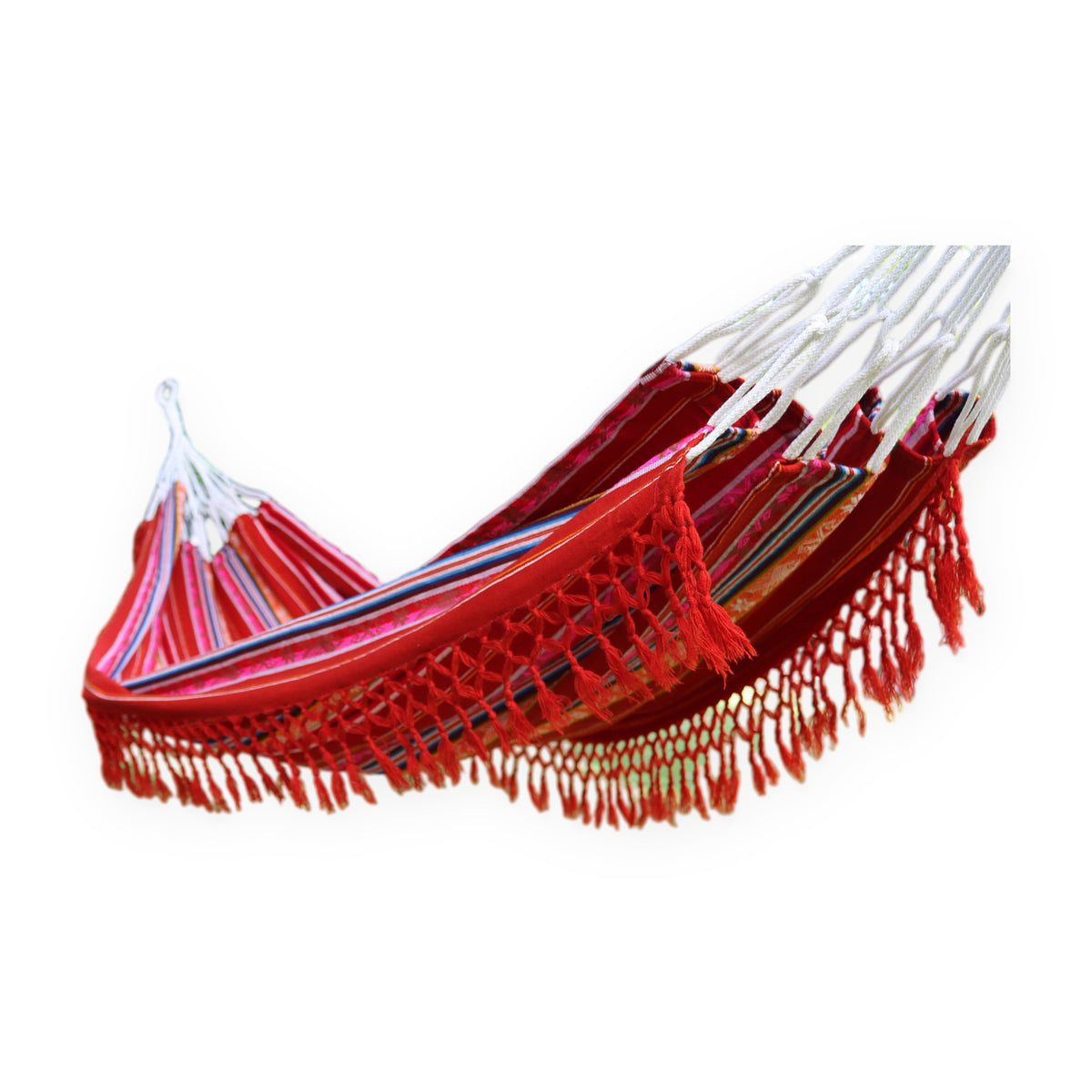 Red Inca pattern double hammock, handmade in Otavalo, Ecuador