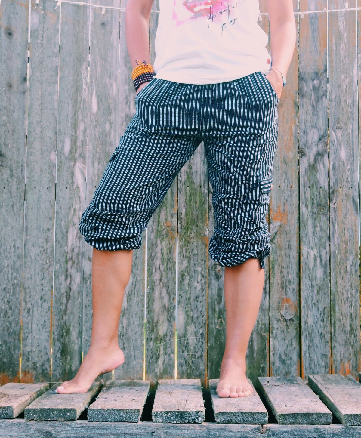 Black Inca pattern yoga pants, view 1 of 7