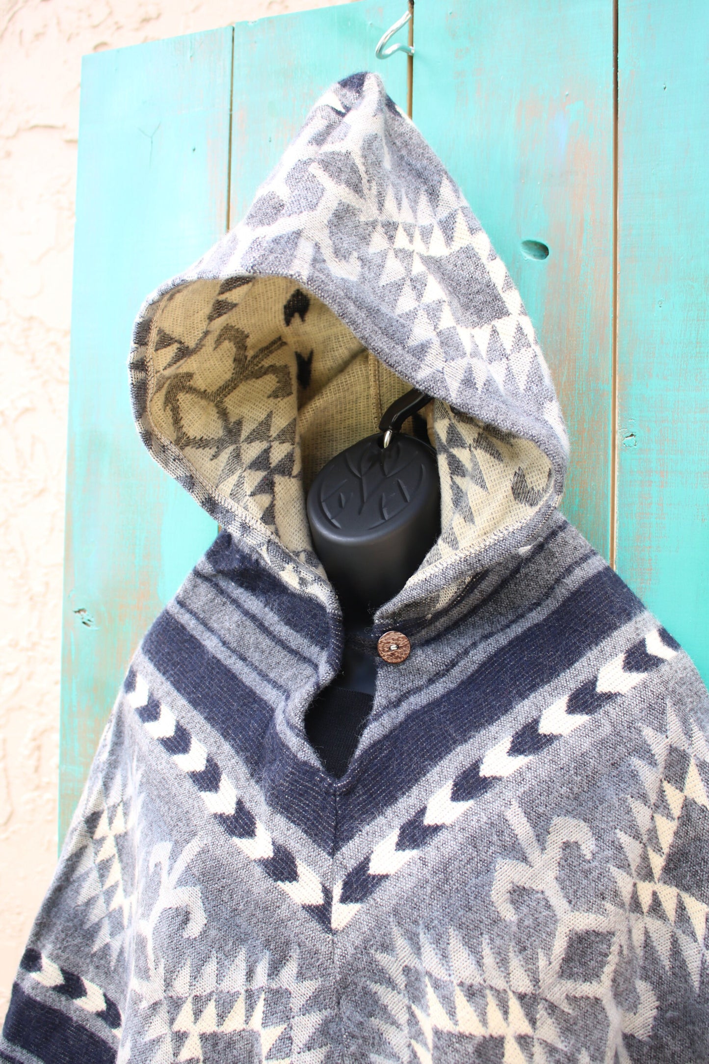 Blue and Cream Print Ponchos Handmade in Ecuador