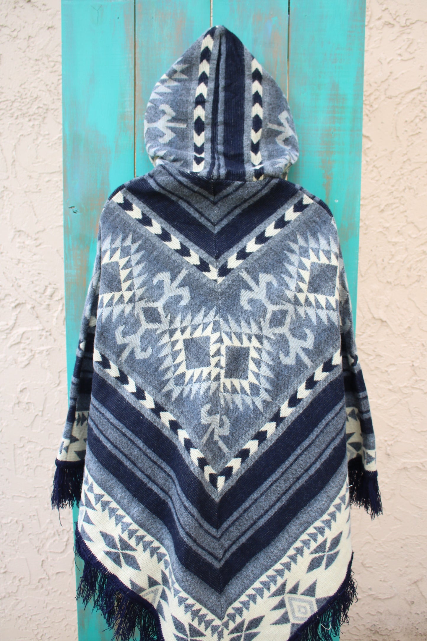 Blue and Cream Print Ponchos Handmade in Ecuador