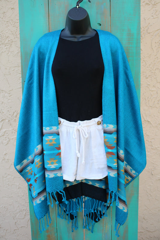 Shawl Alpaca Blue Print Handmade Boho Soft Tribal Vintage Unique Design