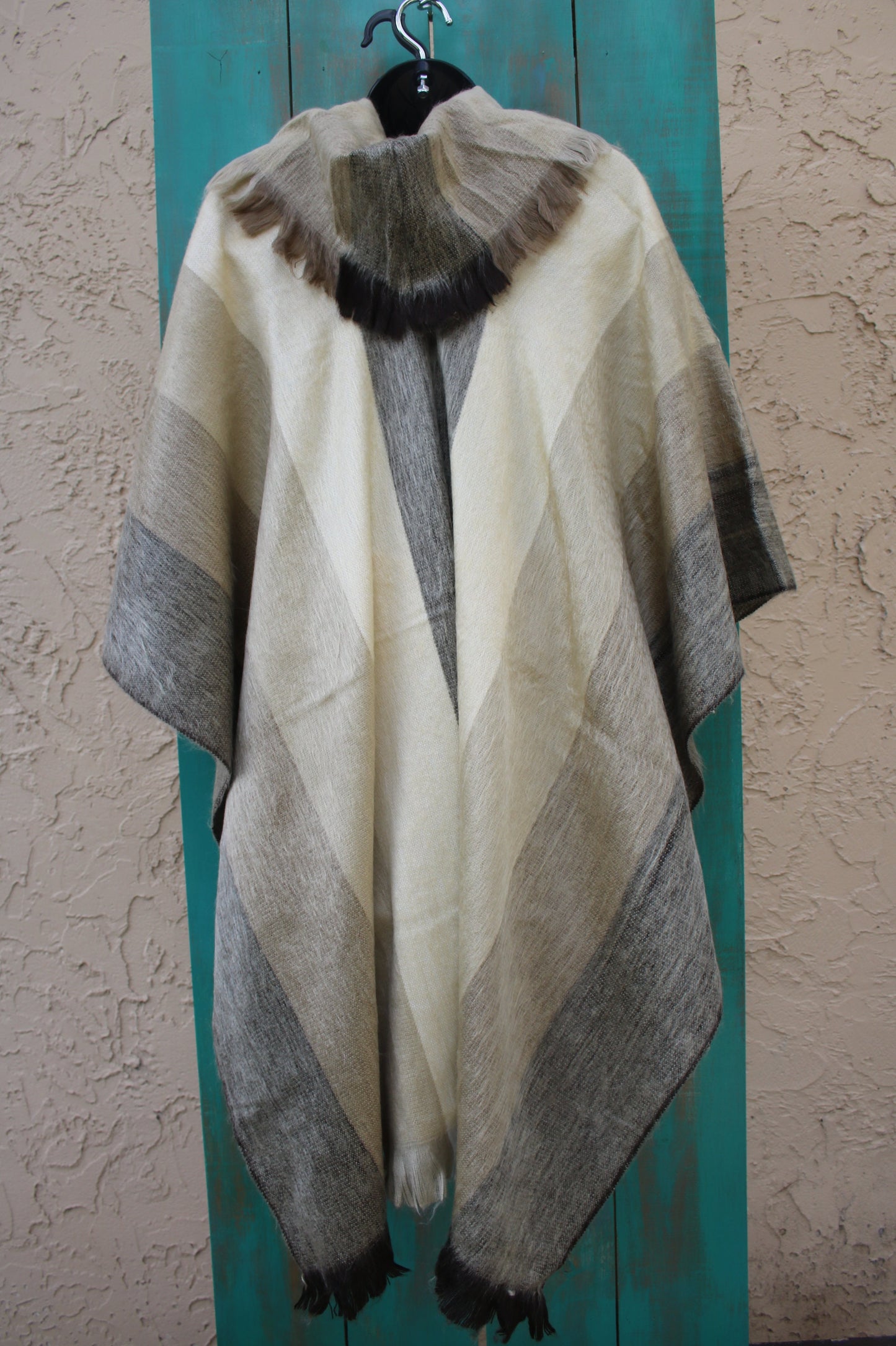 Poncho Alpaca Striped Beige Handmade Boho Soft Tribal Vintage Unique Design