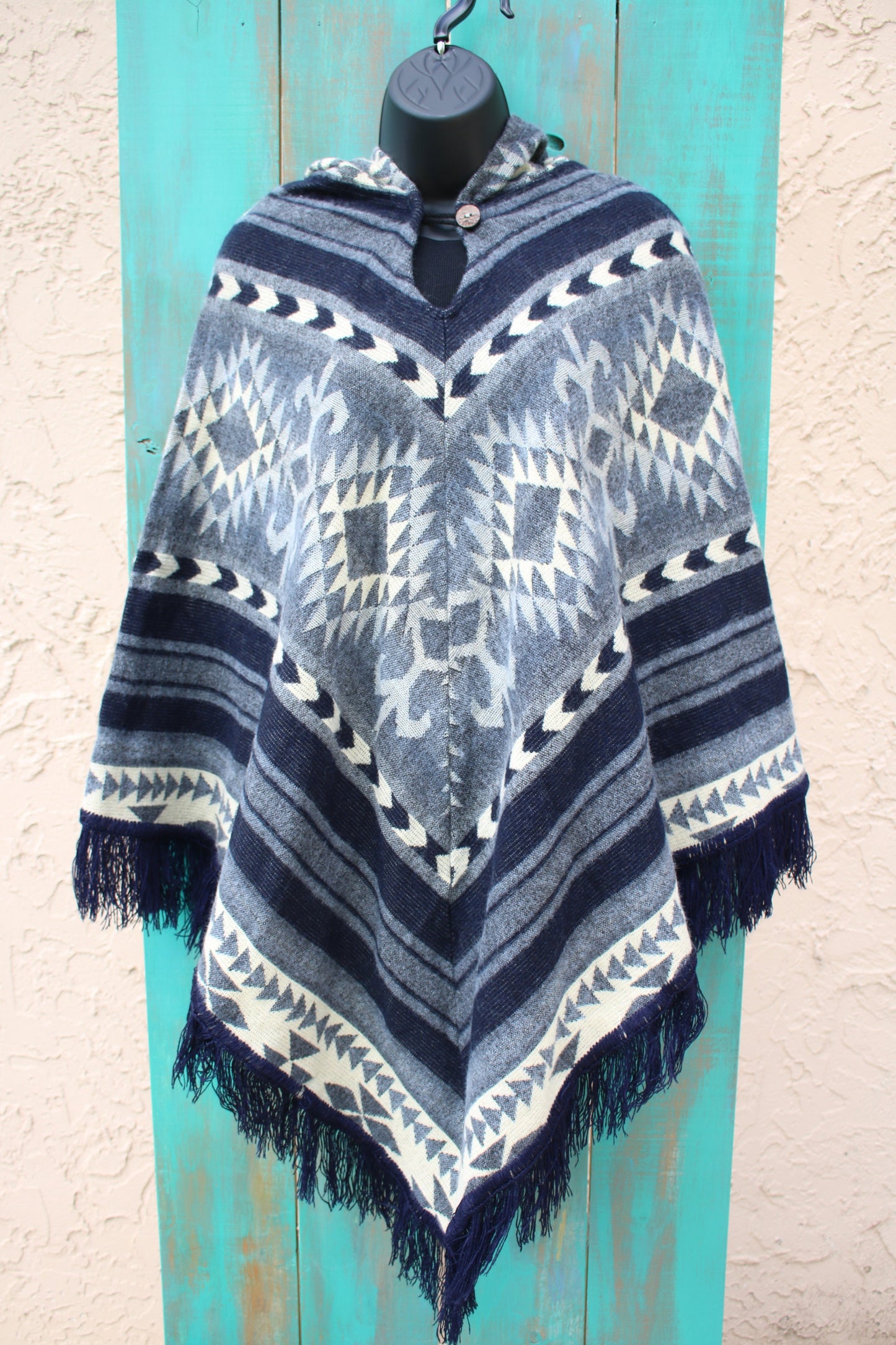 Blue and Cream Print Ponchos Handmade in Ecuador