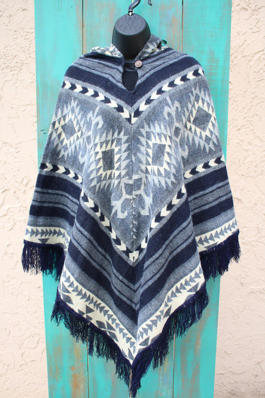 Blue and Cream Print Ponchos Handmade in Ecuador
