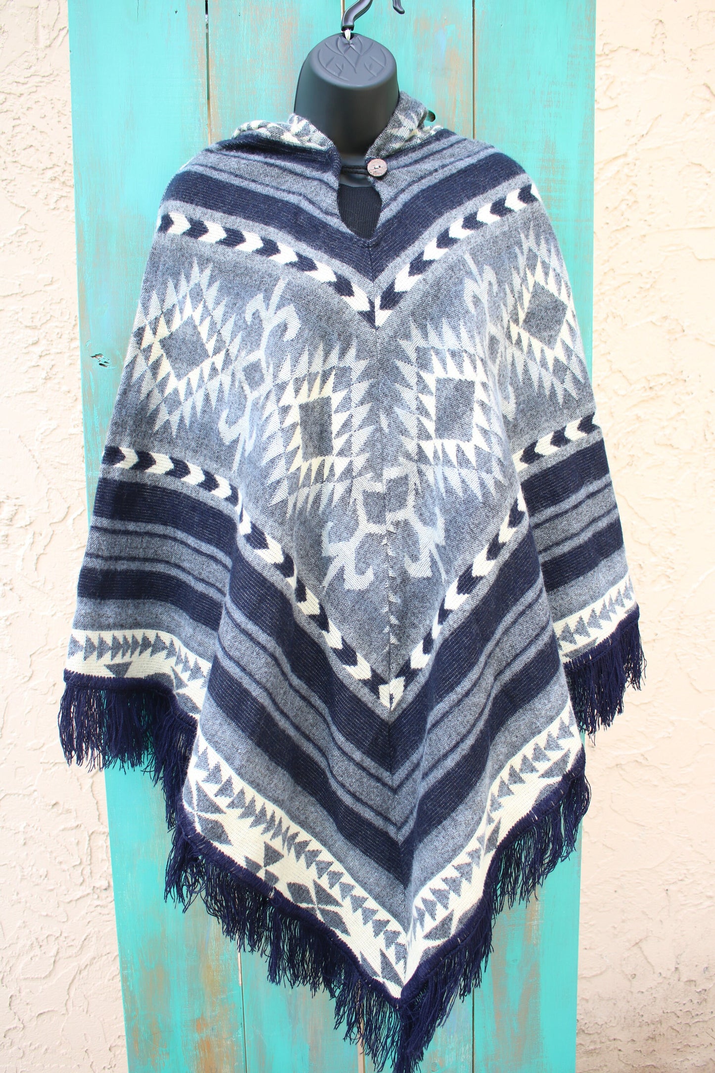 Blue and Cream Print Ponchos Handmade in Ecuador