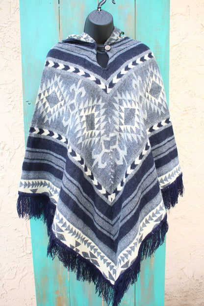 Blue and Cream Print Ponchos Handmade in Ecuador