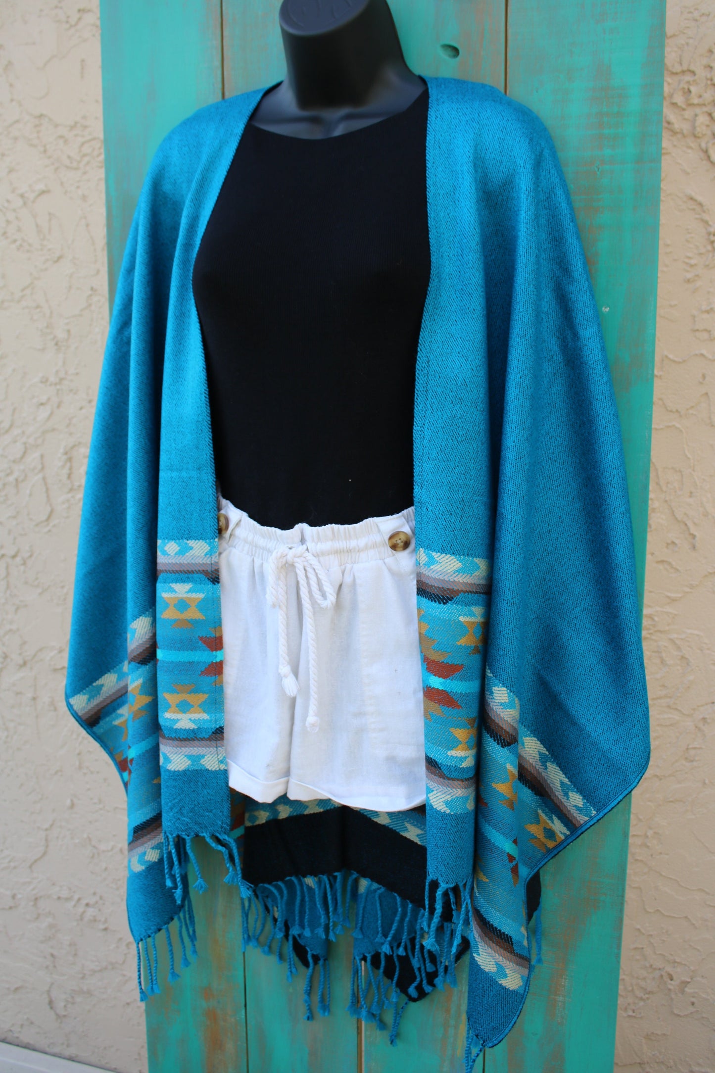 Shawl Alpaca Blue Print Handmade Boho Soft Tribal Vintage Unique Design