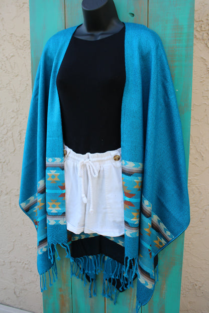 Shawl Alpaca Blue Print Handmade Boho Soft Tribal Vintage Unique Design